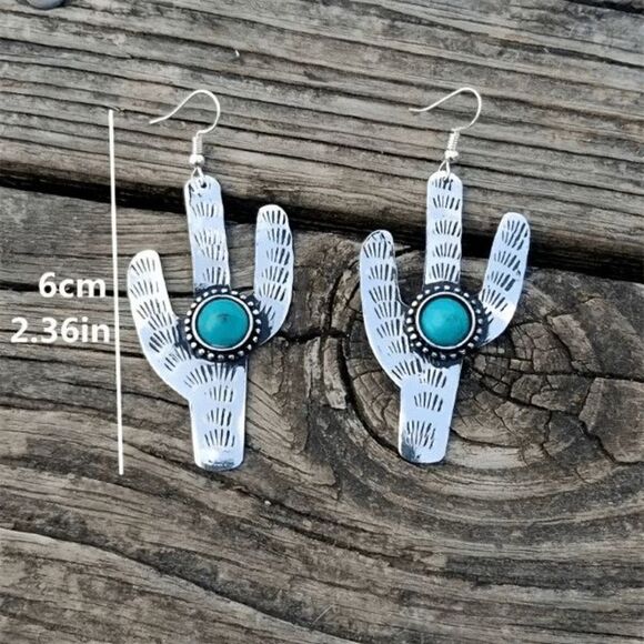 Silver Turquoise Cactus Western Dangle Earrings - Picture 5 of 5